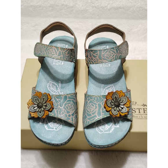 NEW L'Artiste by Spring Step Leather Wedge Sandals Cuteness Teal Multi Sz 38 - Picture 3 of 10